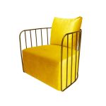 Yellow cushioned Reflection accent chair with gold bar frame, modern luxury lounge seating for weddings and upscale events.