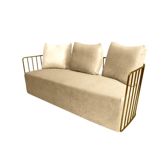 Ivory velvet Reflection accent sofa with three cushions and gold metal bar arms, modern luxury lounge seating for weddings and events.