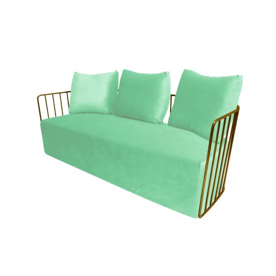 Mint velvet Reflection accent sofa with three cushions and gold metal bar arms, modern luxury lounge seating for weddings and events.