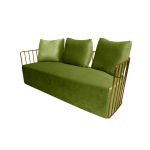 Moss velvet Reflection accent sofa with three cushions and gold metal bar arms, modern luxury lounge seating for weddings and events.
