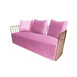 Light Pink velvet Reflection accent sofa with three cushions and gold metal bar arms, modern luxury lounge seating for weddings and events.