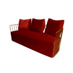 Red velvet Reflection accent sofa with three cushions and gold metal bar arms, modern luxury lounge seating for weddings and events.