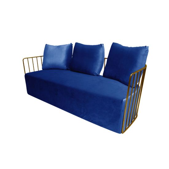 Royal Blue velvet Reflection accent sofa with three cushions and gold metal bar arms, modern luxury lounge seating for weddings and events.