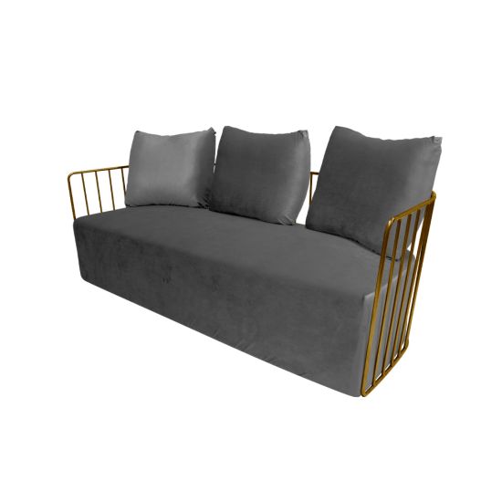 Silver velvet Reflection accent sofa with three cushions and gold metal bar arms, modern luxury lounge seating for weddings and events.