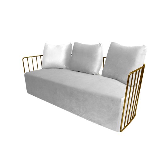 White velvet Reflection accent sofa with three cushions and gold metal bar arms, modern luxury lounge seating for weddings and events.