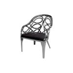 Silver mirrored Reflection Butterfly armchair with circular cutout backrest and black cushioned seat, modern lounge chair rental