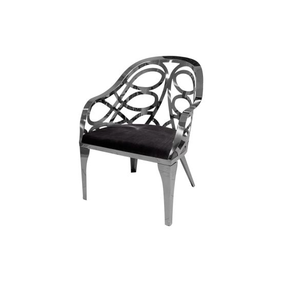 Silver mirrored Reflection Butterfly armchair with circular cutout backrest and black cushioned seat, modern lounge chair rental