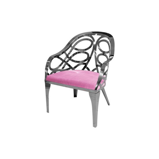Silver mirrored Reflection Butterfly armchair with circular cutout backrest and light pink cushioned seat, modern lounge chair rental