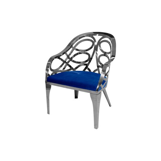 Silver reflective Butterfly Reflection armchair with circular cutout backrest and royal blue cushioned seat, modern event lounge chair rental