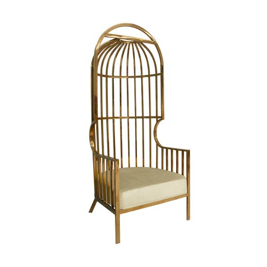 Gold dome cage armchair with vertical gold bars and ivory velvet seat cushion, modern luxury lounge chair for weddings and events.