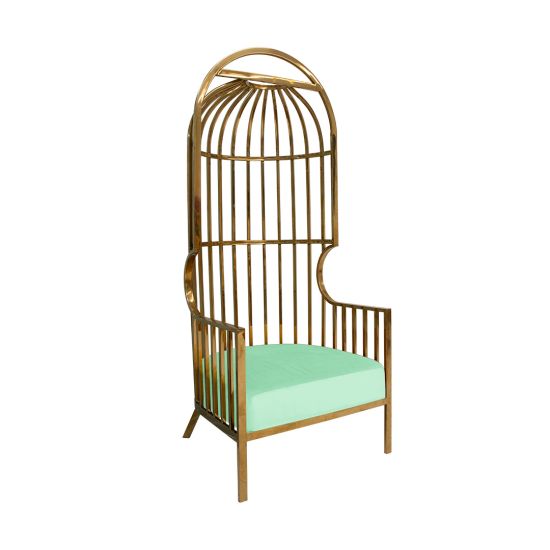 Gold dome cage armchair with vertical gold bars and mint velvet seat cushion, modern luxury lounge chair for weddings and events.