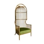 Gold dome cage armchair with vertical gold bars and moss velvet seat cushion, modern luxury lounge chair for weddings and events.