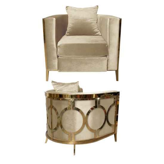 Champagne velvet art deco accent chair with gold frame and curved mirrored back featuring gold circular geometric pattern, luxury event lounge seating.