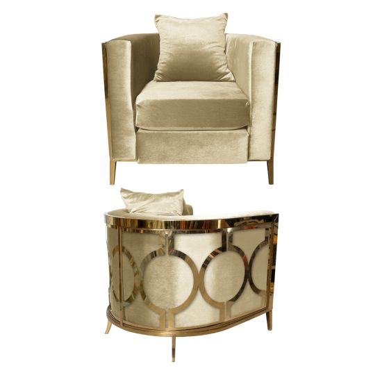 Ivory velvet art deco accent chair with gold frame and curved mirrored back featuring gold circular geometric pattern, luxury event lounge seating.