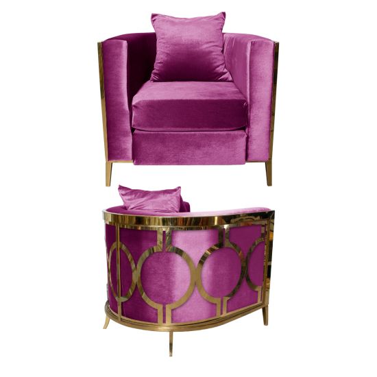 Magenta velvet art deco accent chair with gold frame and curved mirrored back featuring gold circular geometric pattern, luxury event lounge seating.