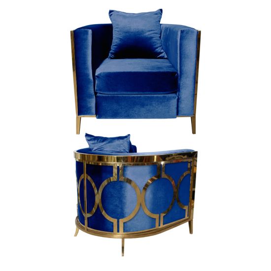 Royal Blue velvet art deco accent chair with gold frame and curved mirrored back featuring gold circular geometric pattern, luxury event lounge seating.