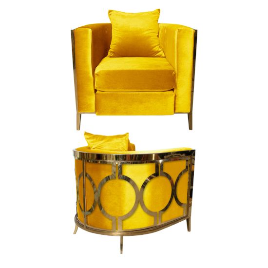 Yellow velvet art deco accent chair with gold frame and curved mirrored back featuring gold circular geometric pattern, luxury event lounge seating.