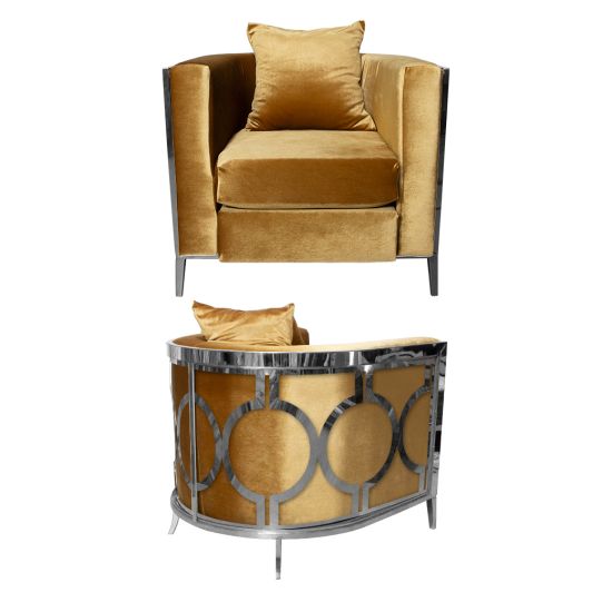 Gold velvet art deco accent chair with silver frame and curved mirrored back featuring silver circular geometric pattern, luxury lounge seating.