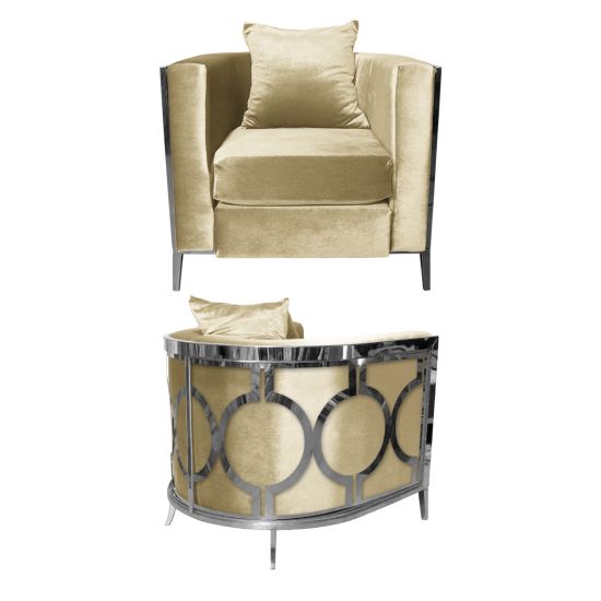 Ivory velvet art deco accent chair with silver frame and curved mirrored back featuring silver circular geometric pattern, luxury lounge seating.