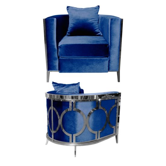 Royal Blue velvet art deco accent chair with silver frame and curved mirrored back featuring silver circular geometric pattern, luxury lounge seating.