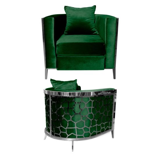 Emerald Green velvet accent chair with silver frame and curved mirrored back featuring silver honeycomb giraffe pattern, luxury art deco lounge seating.