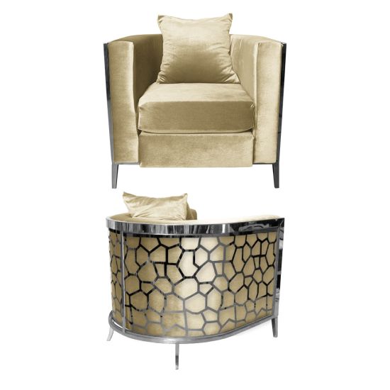 Ivory velvet accent chair with silver frame and curved mirrored back featuring silver honeycomb giraffe pattern, luxury art deco lounge seating.