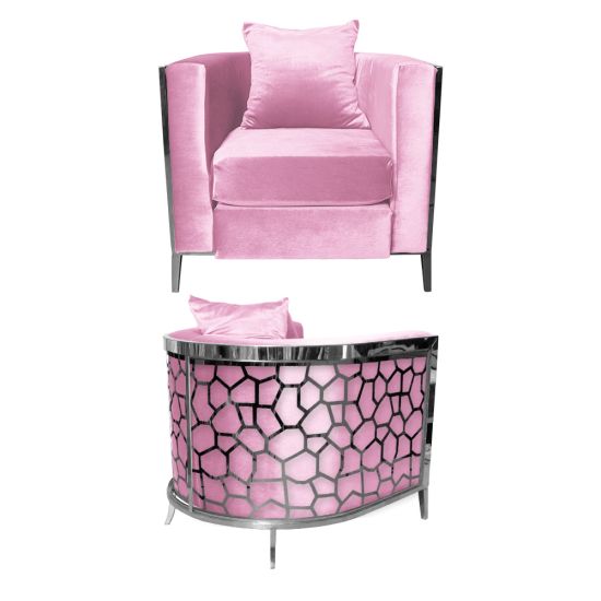 Light Pink velvet accent chair with silver frame and curved mirrored back featuring silver honeycomb giraffe pattern, luxury art deco lounge seating.