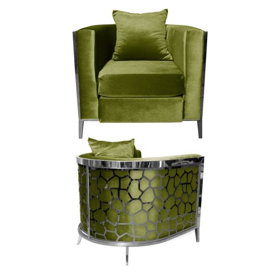 Moss velvet accent chair with silver frame and curved mirrored back featuring silver honeycomb giraffe pattern, luxury art deco lounge seating.