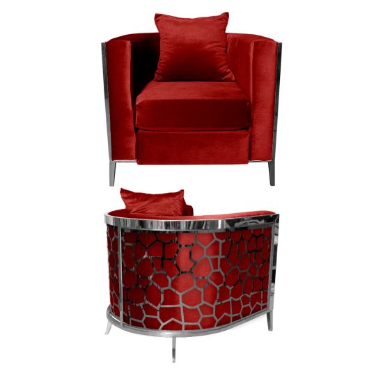 Red velvet accent chair with silver frame and curved mirrored back featuring silver honeycomb giraffe pattern, luxury art deco lounge seating.
