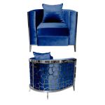 Royal Blue velvet accent chair with silver frame and curved mirrored back featuring silver honeycomb giraffe pattern, luxury art deco lounge seating.