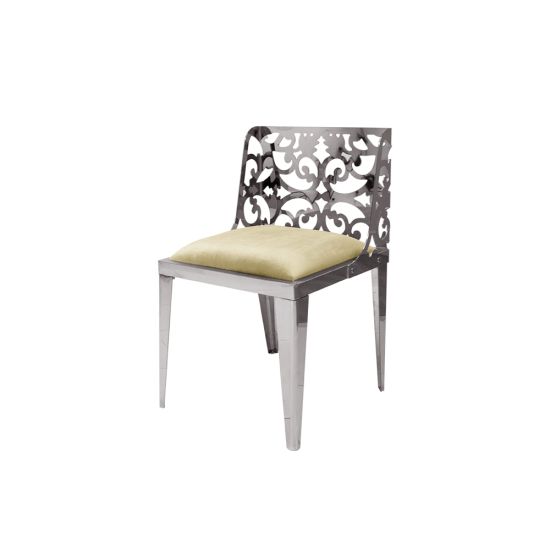 Silver reflection chair with ornate laser-cut scroll backrest and ivory cushioned seat, sleek modern design for upscale event dining and seating.