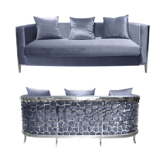 Dusty Blue velvet Reflection Giraffe sofa with silver honeycomb metal cutout base and matching pillows, luxury seating for weddings and events.