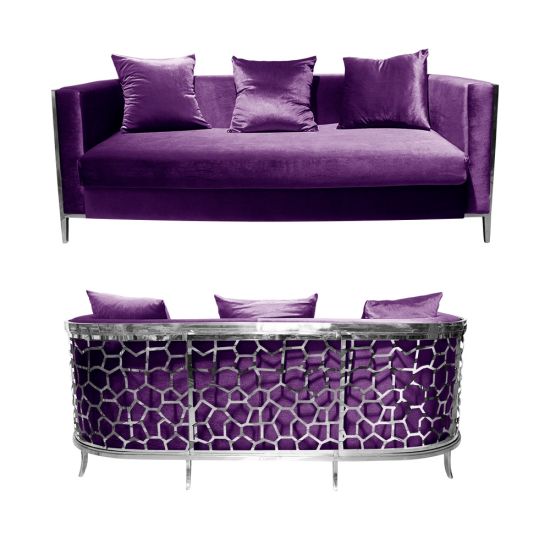Eggplant velvet Reflection Giraffe sofa with silver honeycomb metal cutout base and matching pillows, luxury seating for weddings and events.