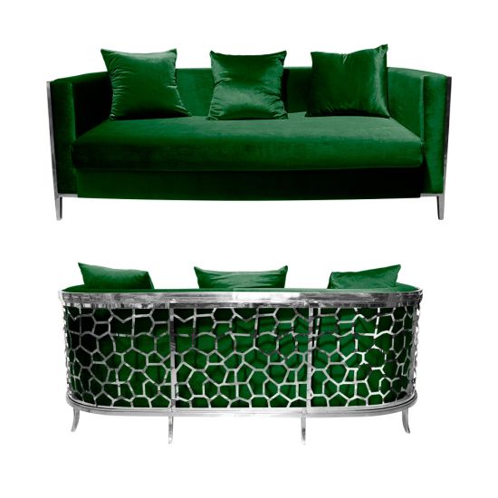 Emerald Green velvet Reflection Giraffe sofa with silver honeycomb metal cutout base and matching pillows, luxury seating for weddings and events.