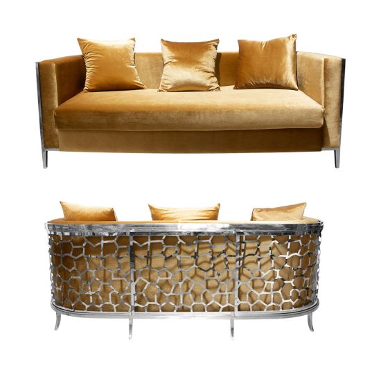 Gold velvet Reflection Giraffe sofa with silver honeycomb metal cutout base and matching pillows, luxury seating for weddings and events.