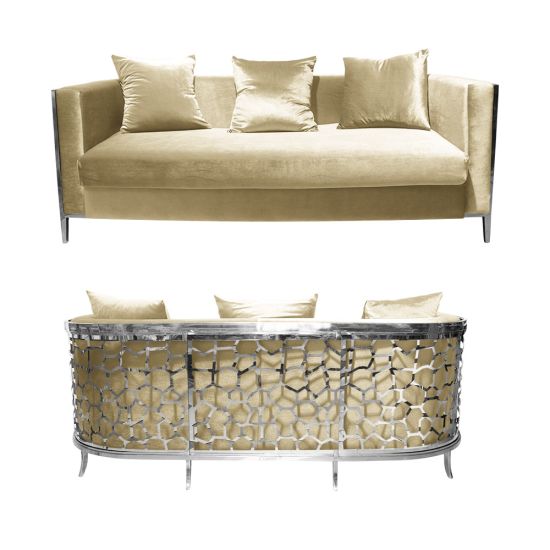 Ivory velvet Reflection Giraffe sofa with silver honeycomb metal cutout base and matching pillows, luxury seating for weddings and events.