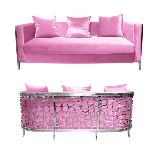 Light Pink velvet Reflection Giraffe sofa with silver honeycomb metal cutout base and matching pillows, luxury seating for weddings and events.