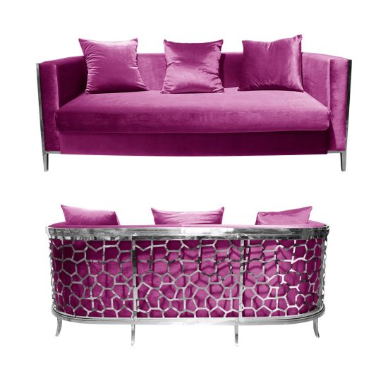 Magenta velvet Reflection Giraffe sofa with silver honeycomb metal cutout base and matching pillows, luxury seating for weddings and events.
