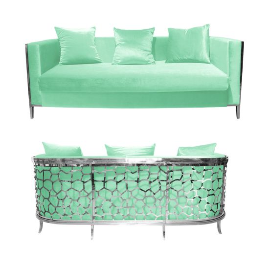 Mint velvet Reflection Giraffe sofa with silver honeycomb metal cutout base and matching pillows, luxury seating for weddings and events.