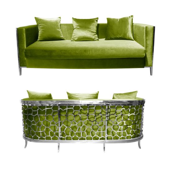 Moss velvet Reflection Giraffe sofa with silver honeycomb metal cutout base and matching pillows, luxury seating for weddings and events.