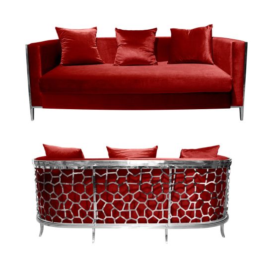 Red velvet Reflection Giraffe sofa with silver honeycomb metal cutout base and matching pillows, luxury seating for weddings and events.