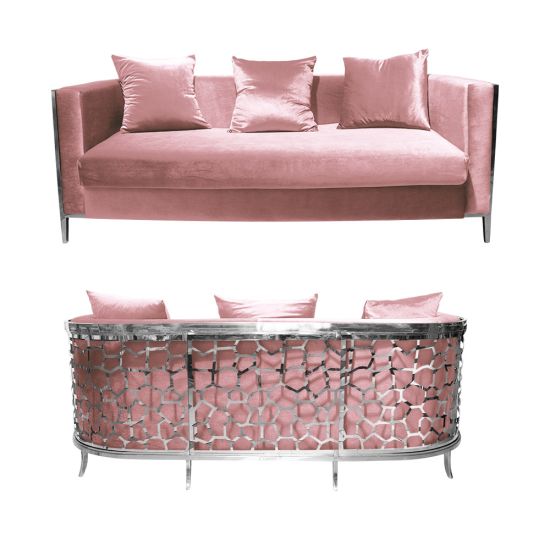Rose Gold velvet Reflection Giraffe sofa with silver honeycomb metal cutout base and matching pillows, luxury seating for weddings and events.