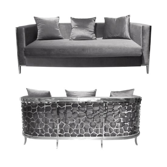 Silver velvet Reflection Giraffe sofa with silver honeycomb metal cutout base and matching pillows, luxury seating for weddings and events.