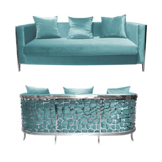 Tiffany Blue velvet Reflection Giraffe sofa with silver honeycomb metal cutout base and matching pillows, luxury seating for weddings and events.