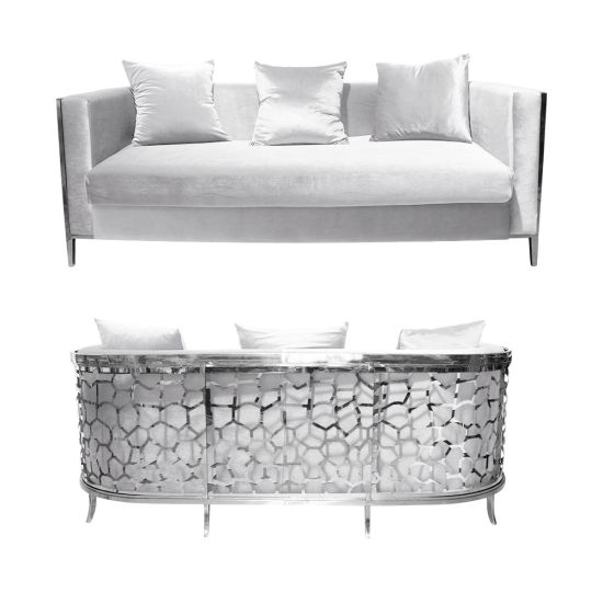 White velvet Reflection Giraffe sofa with silver honeycomb metal cutout base and matching pillows, luxury seating for weddings and events.