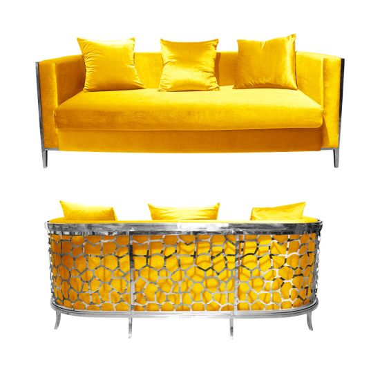 Yellow velvet Reflection Giraffe sofa with silver honeycomb metal cutout base and matching pillows, luxury seating for weddings and events.