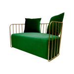 Emerald Green velvet accent loveseat with gold metal bar frame and two black pillows, modern art deco lounge seating for luxury events.