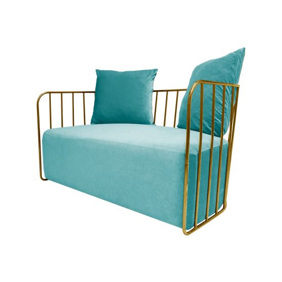 Tiffany Blue velvet accent loveseat with gold metal bar frame and two black pillows, modern art deco lounge seating for luxury events.