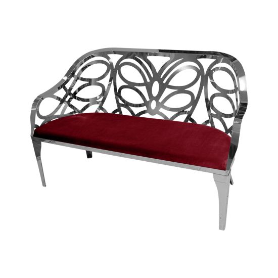 Reflection butterfly loveseat with silver metal cutout backrest and Red velvet seat cushion, elegant modern seating for upscale events.