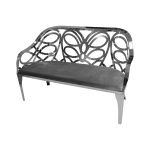 Reflection butterfly loveseat with silver metal cutout backrest and Silver velvet seat cushion, elegant modern seating for upscale events.